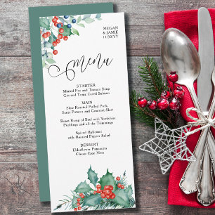 Menu Watercolor Holly Berries and Pine Winter Wedding