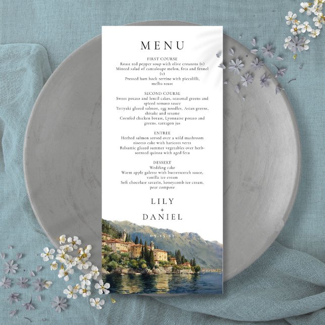 Menu Watercolor Lake Como Itália Destino Casamento (Watercolor Lake Como Italy Destination Wedding Menu)