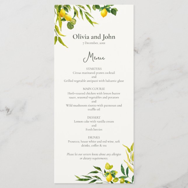 Menu Watercolor Lemon Foliage Elegant Citrus Wedding (Frente)