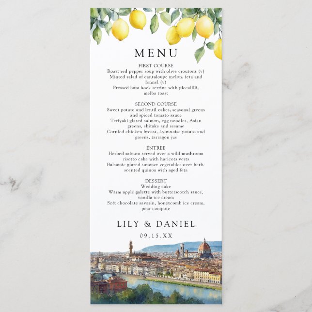 Menu Watercolor Lemons Florence Italy Wedding (Frente)