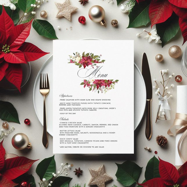 Menu Watercolor Poinsettia e Holly Christmas (Watercolor Poinsettia and Holly Christmas Wedding Menu)