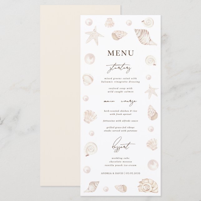 Menu Watercolor Seashells Pearls Beach Nautical Wedding (Frente/Verso)