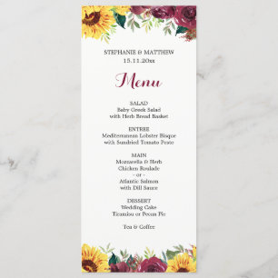 Menu Watercolor Sunflower Floral Border Weding