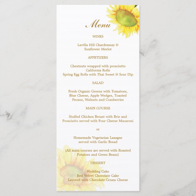 Menu Watercolor Sunflower Wedding (Frente)