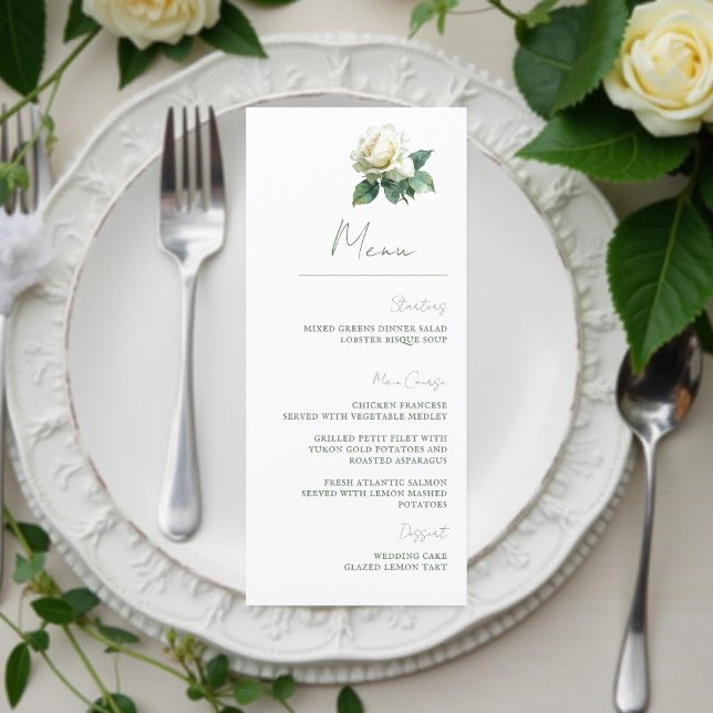 Menu Watercolor White Rose Elegant Botanical Wedding (Criador carregado)