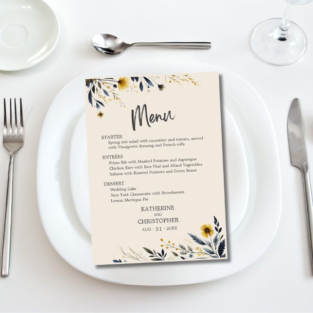 Menu Watercolor Wildflower Elegant Beige WedMenu (Watercolor Floral Elegant Wedding Menu with meal choices and optional text on the back.)