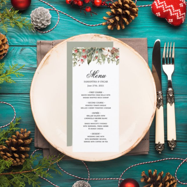 Menu Watercolor Winter Poinsettia & Green Pine Tree (Criador carregado)