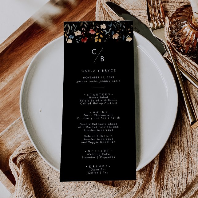 Menu Whimsical Boho Wildflower Monogram Wedding (Criador carregado)
