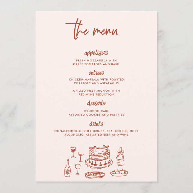 Menu Whimsical Doodle Food Drawing Wedding (Frente)