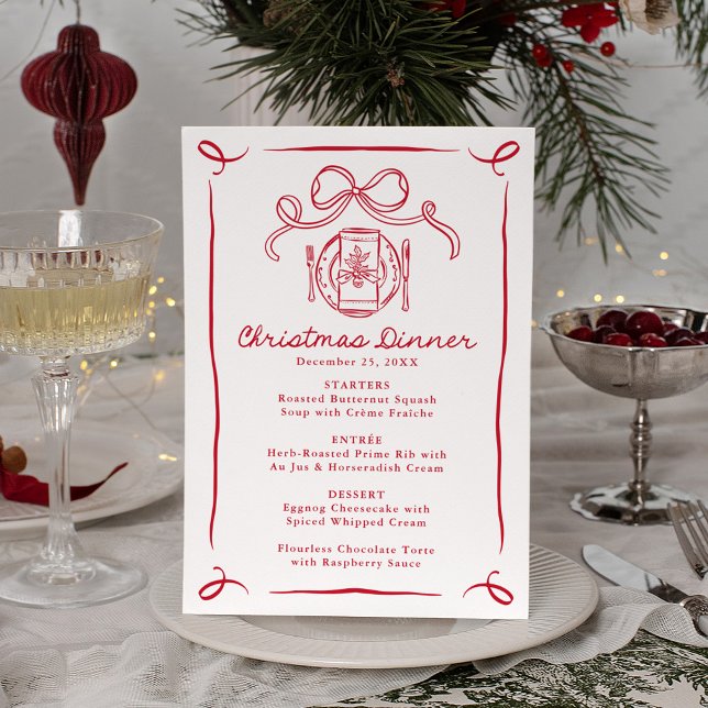 Menu Whimsical Hand-Drawn Red Bow Christmas Dinner (Criador carregado)