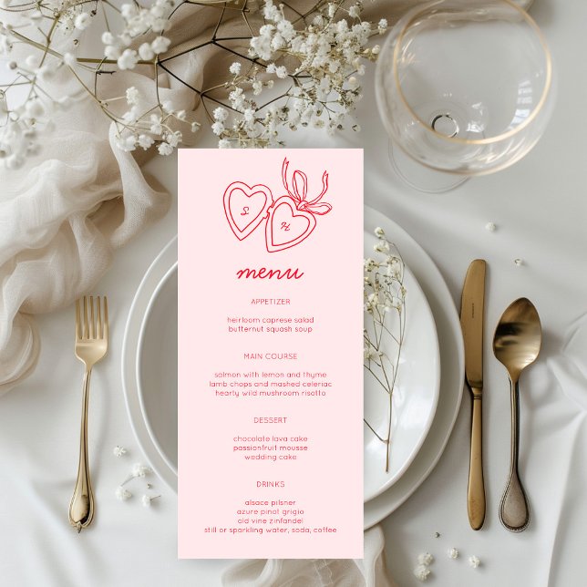 Menu Whimsical Heart Locket Doodle Sketch Modern CUSTOM (Whimsical Heart Locket Doodle Sketch Modern CUSTOM Menu Wedding Engagement Pink Red
)