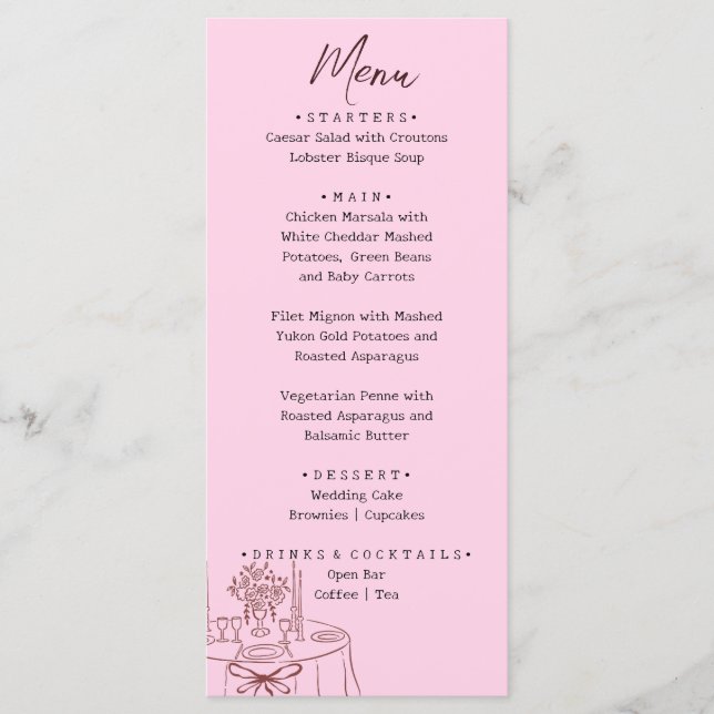 Menu Whimsical Pink Hand Drawn Illustrated Wedding  (Frente)