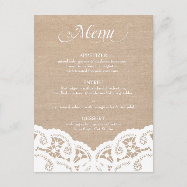 Menu White Burlap Lace Doily Wedding (Frente)