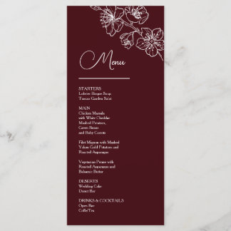 Menu White Line Art Flowers Deep Burgundy Wedding