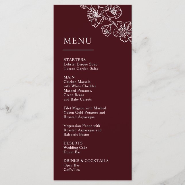 Menu White Line Art Flowers Deep Burgundy Wedding (Frente)
