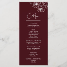 Menu White Line Art Flowers Deep Burgundy Wedding