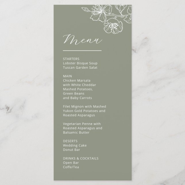 Menu White Line Art Flowers Sage Green Wedding (Frente)