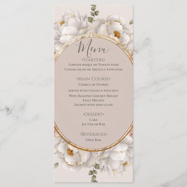 Menu White Peony & Blush Rose Floral Wedding  (Frente)