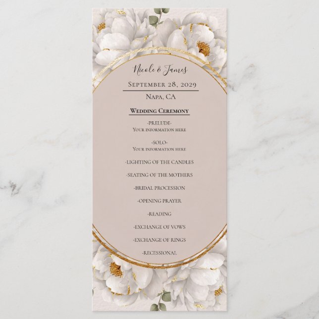 Menu White Peony & Blush Rose Floral Wedding Program (Frente)