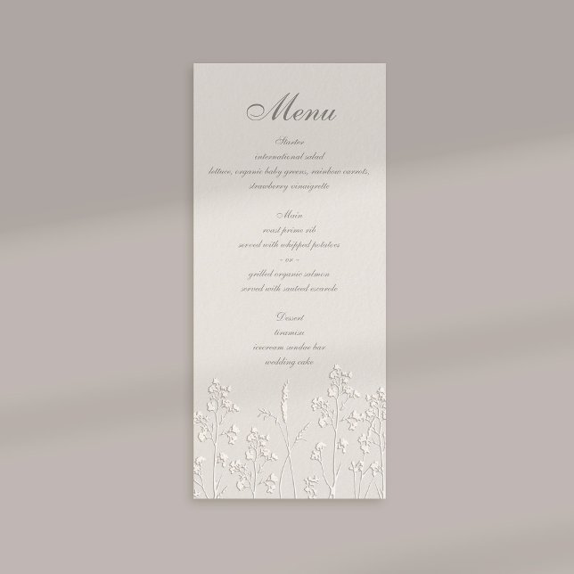 Menu Wildflower Ecru Faux Casamento Clássico Embarcado (formal wedding menu card traditional calligraphy ecru faux embossed wildflowers elegant classic thin)