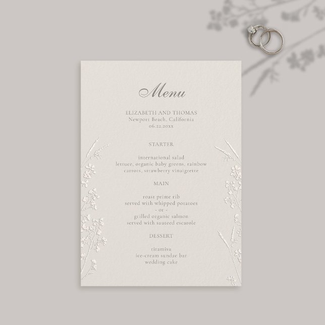 Menu Wildflower Ecru Faux Casamento Clássico Embarcado (formal wedding menu card traditional calligraphy ecru faux embossed wildflowers modern classic large)