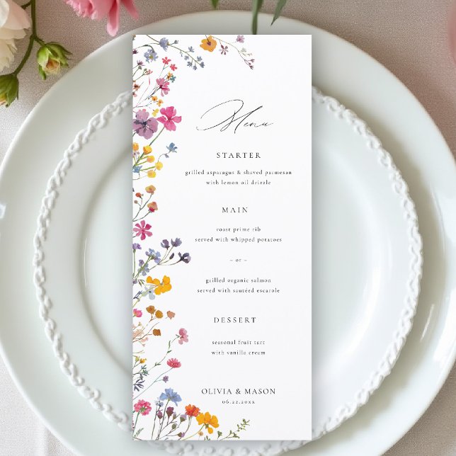 Menu Wildflower Garden Modern Floral Elegant Wedding (wildflower wedding menu watercolor garden backyard barn summer spring elegant trendy stylisyh)