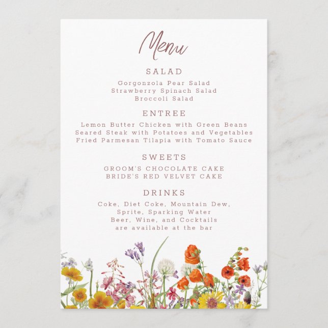 Menu Wildflower para Casamentos e Eventos (Frente)