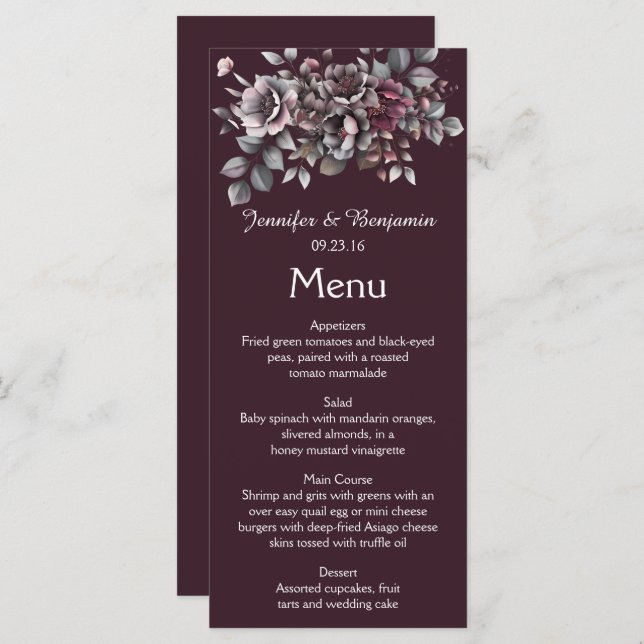 Menu Wine, Dusty Purple, Dark Teal Wedding | (Frente/Verso)