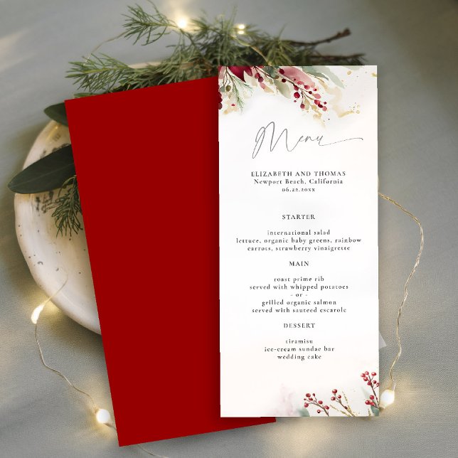 Menu Winter Greenery Berries Red Green Botanical Modern (winter christmas wedding bridal shower menu greenery botanical berries red green gold watercolor)
