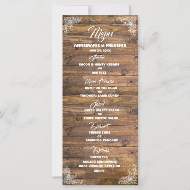 Menu Wood Rustic Lace Weding (Frente)