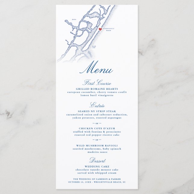 Menu Wright tsville Beach Map Elegante Marinho Casament (Frente)