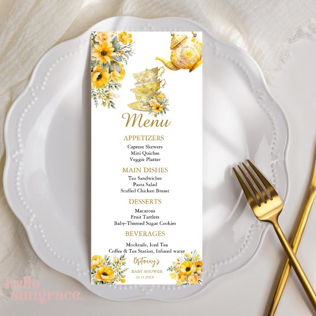 Menu Yellow Floral tea cups with teapot baby shower (Criador carregado)