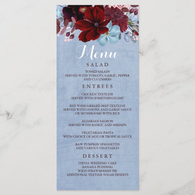 Menus de Casamento Azul e Borgonha (Frente)