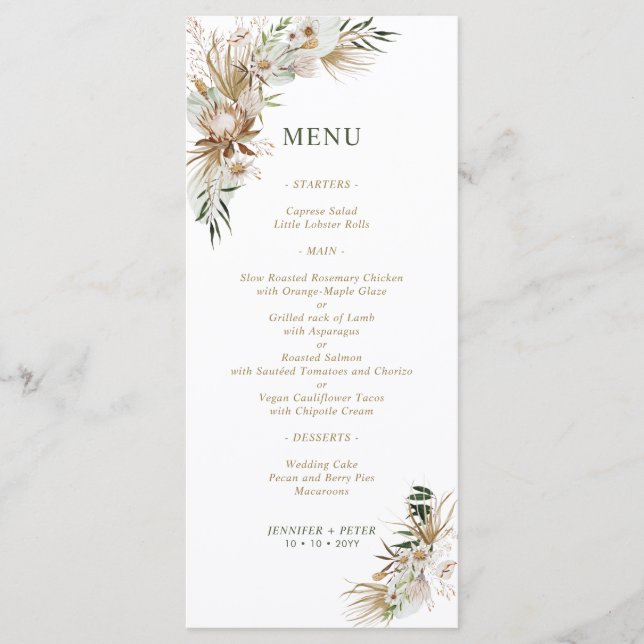 Menus de Casamento Botânico Boho Verde e Dourado (Frente)