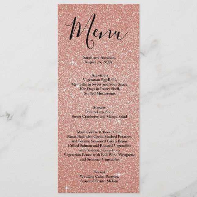 Menus de Casamento com Brilho Falso em Rosa Dourad (Frente)