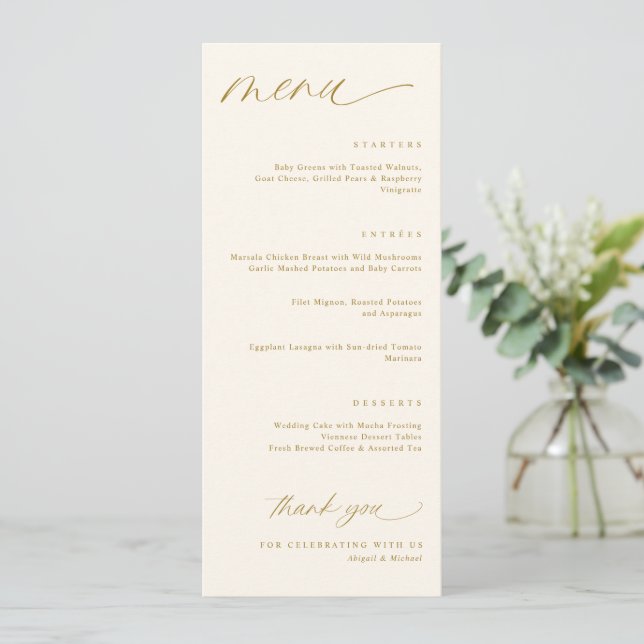Menus de Casamento Cream e Dourado Roteiro Românti (Em pé/Frente)