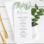 Menus de Casamento de Natal com Aquarela<br><div class="desc">Projetados para coordenar com minha coleção de aquarelas verdes, esses cartões elegantes de menu de janto podem ser personalizados com seus nomes e opções de refeições. Apresentam a minha cor-de-água original em verde de Natal com bagas vermelhas. A palavra Menu é definida em um script de caligrafia moderno em verde-sábio....</div>