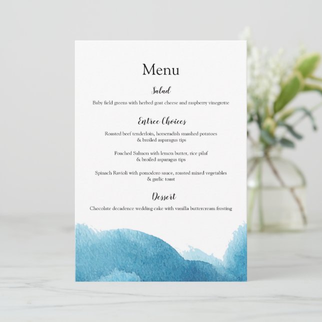 Menus de casamento/evento de lavagem azul-aquosa (Em pé/Frente)