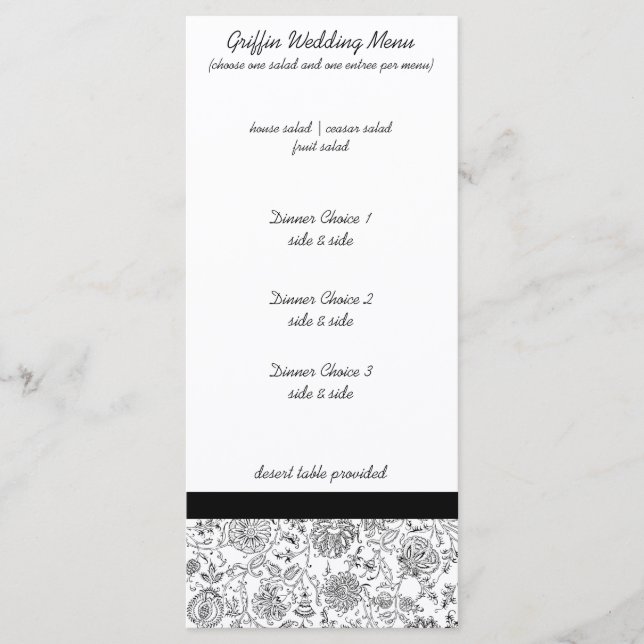 Menus de Casamento Floral Preto Elegante (Frente)