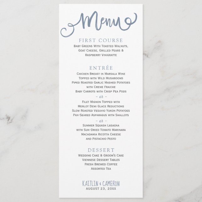Menus de Casamento Modernos | Tipografia (Azul Emp (Frente)