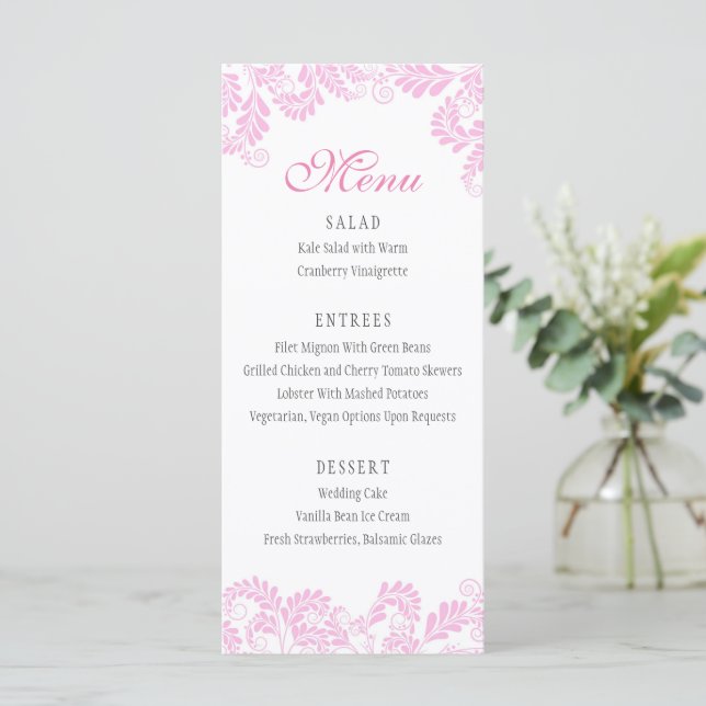 Menus de Casamento Rosa-Florescente Elegante (Em pé/Frente)