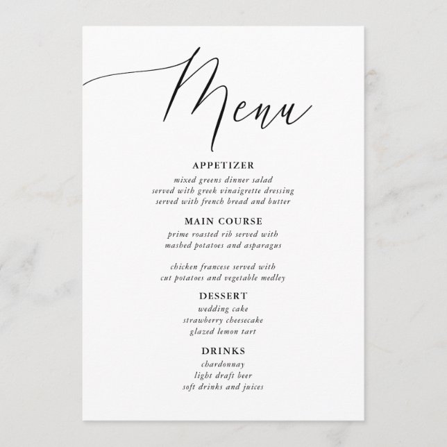 Menus de Casamento Russo da Caligrafia Simples (Frente)