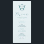 Menus de Casamento Simples Monograma Crest Azul<br><div class="desc">Este elegante cardápio de casamento apresenta uma simples crista monográfica com a noiva e as iniciais do noivo. A palavra "Menu" é definida em script de caligrafia. Use os campos modelo para adicionar seus itens de menu personalizados em turquesa sobre um fundo azul pálido. Perfeito para casamentos, janto de ensaio,...</div>