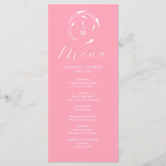 Menus de Casamento Simples Monograma Rosa (Frente)