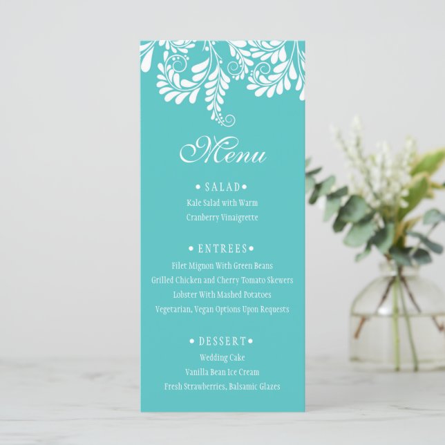 Menus de Casamento Turquesa Elegante (Em pé/Frente)