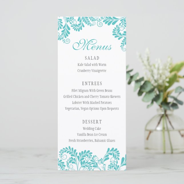 Menus de Casamento Turquesa Elegante (Em pé/Frente)