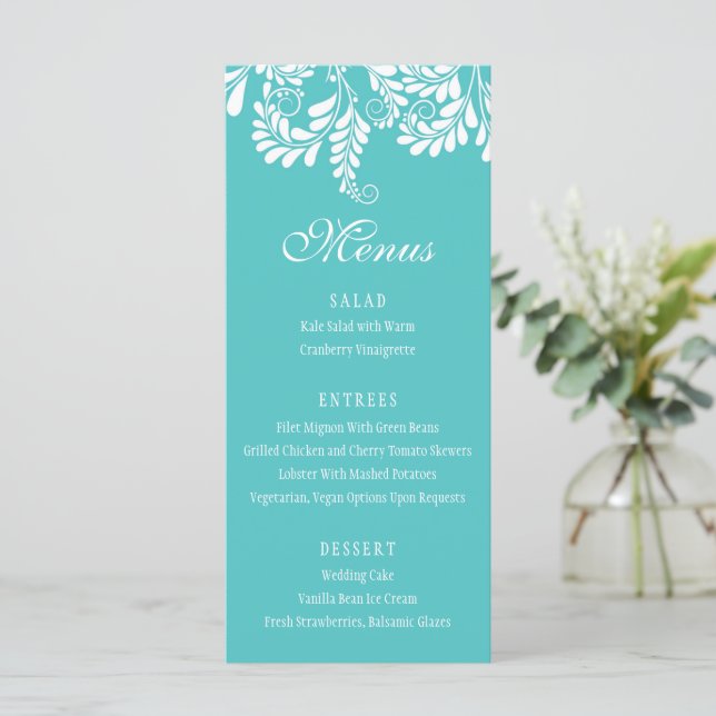 Menus de Casamento Turquesa Elegante (Em pé/Frente)