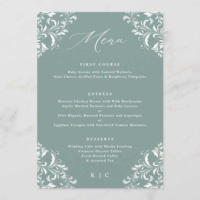 Menus de Casamento vintage Verde Elegante (Frente)