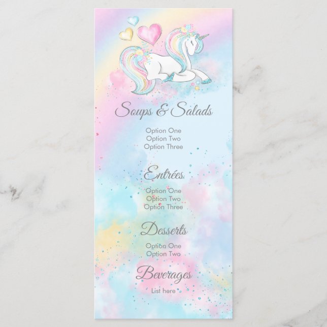 Menus de Chuveiro de Bebê Unicórnio em Aquarela (Frente)