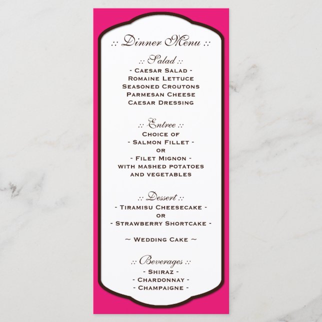 Menus de Recepção de casamento Brancos e Fuchsia (Frente)